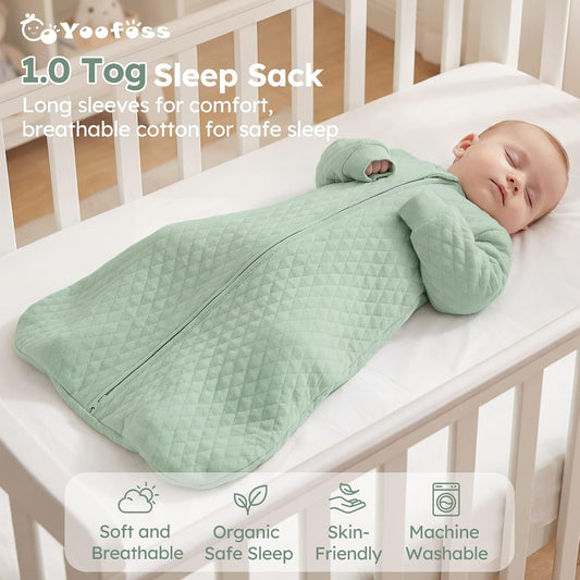 Yoofoss Organic Cotton Long Sleeve Baby Sleep Sack 1.0 Tog Sleep Bag 2-Way Zipper