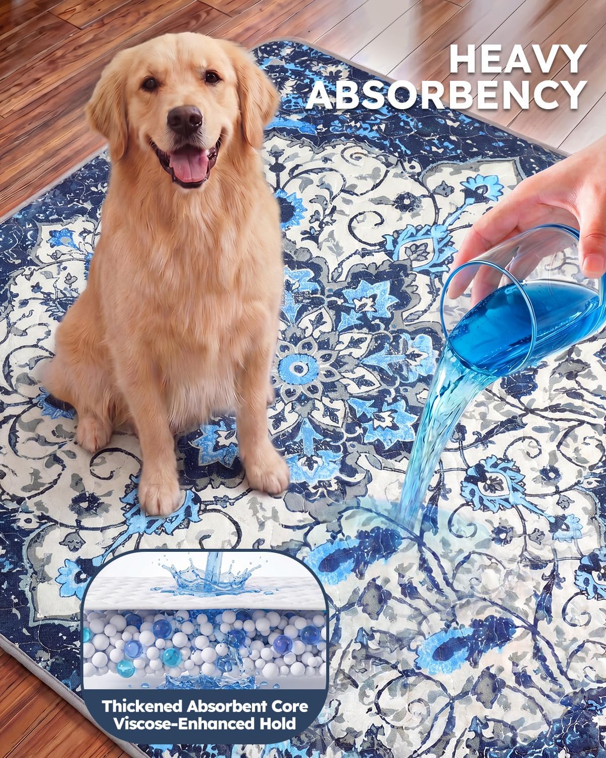 Yoofoss Washable Pee Pads for Dogs and Cats. Super Absorbent Reusable Dog Training Pads with Waterproof. Non-Slip Backing. Medallion Blue. 24x36 Inch.2 Pack