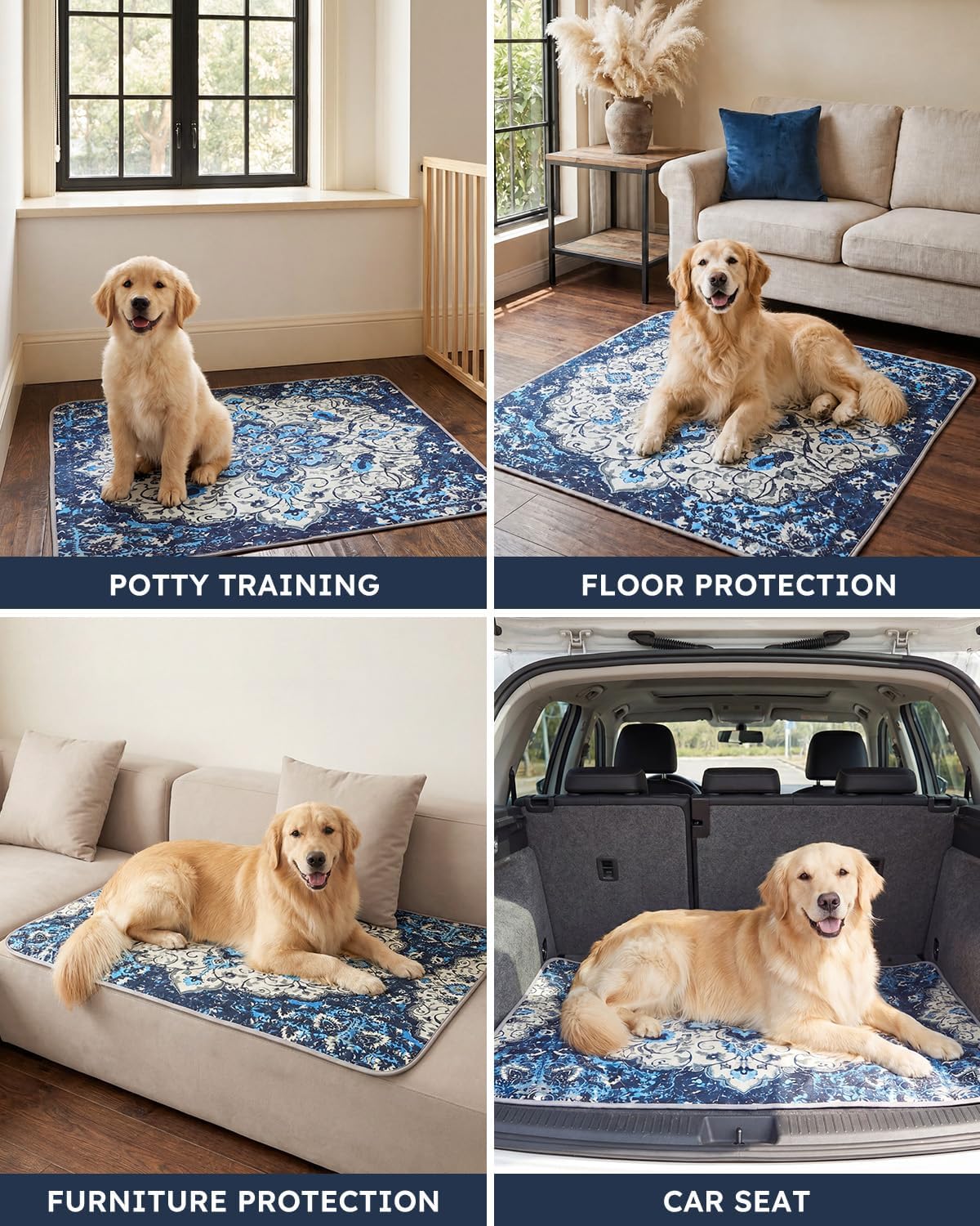 Yoofoss Washable Pee Pads for Dogs and Cats. Super Absorbent Reusable Dog Training Pads with Waterproof. Non-Slip Backing. Medallion Blue. 24x36 Inch.2 Pack