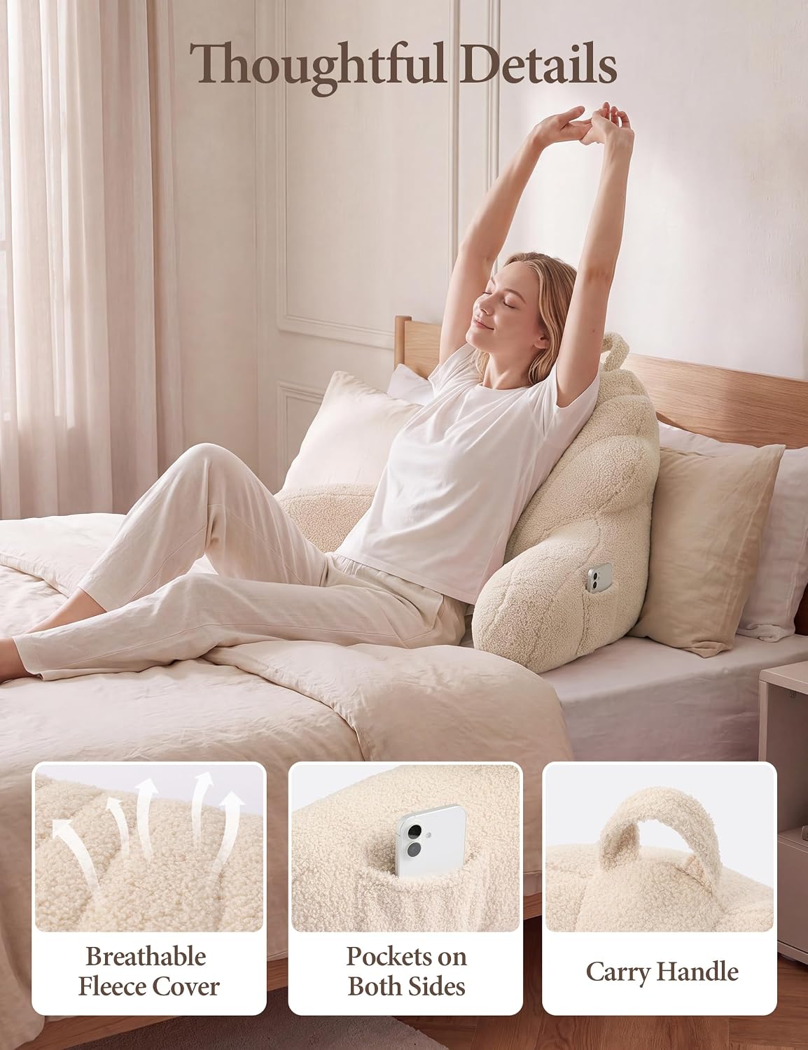 Yoofoss Reading Pillow for Bed Sitting up. Backrest Pillows with Plush Fill for Adult & Children. Back Support Pillow for Bed and Couch Sit up. Pillows for Reading with Arms. Pockets. Washable Cover