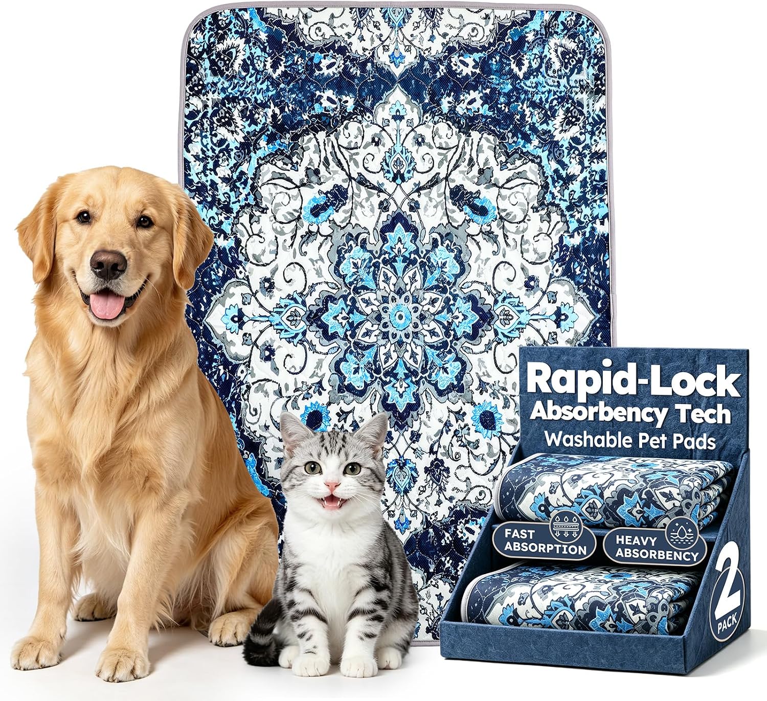 Yoofoss Washable Pee Pads for Dogs and Cats. Super Absorbent Reusable Dog Training Pads with Waterproof. Non-Slip Backing. Medallion Blue. 24x36 Inch.2 Pack