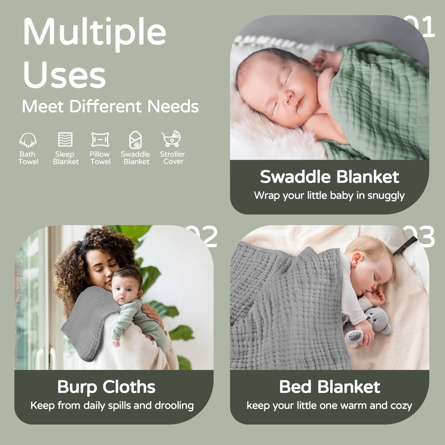 Large Hooded Baby Towels, Green & Gray