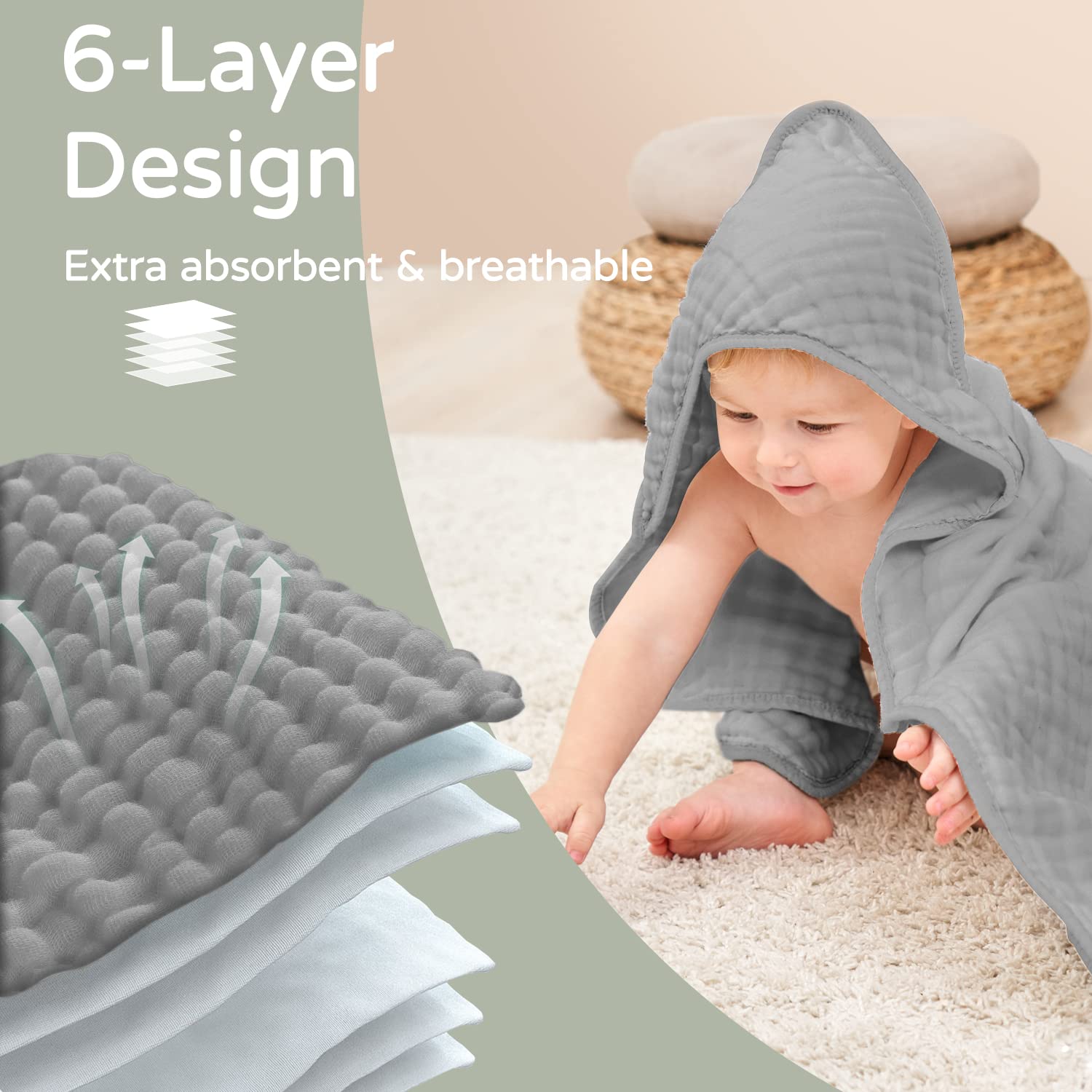 Large Hooded Baby Towels, Green & Gray