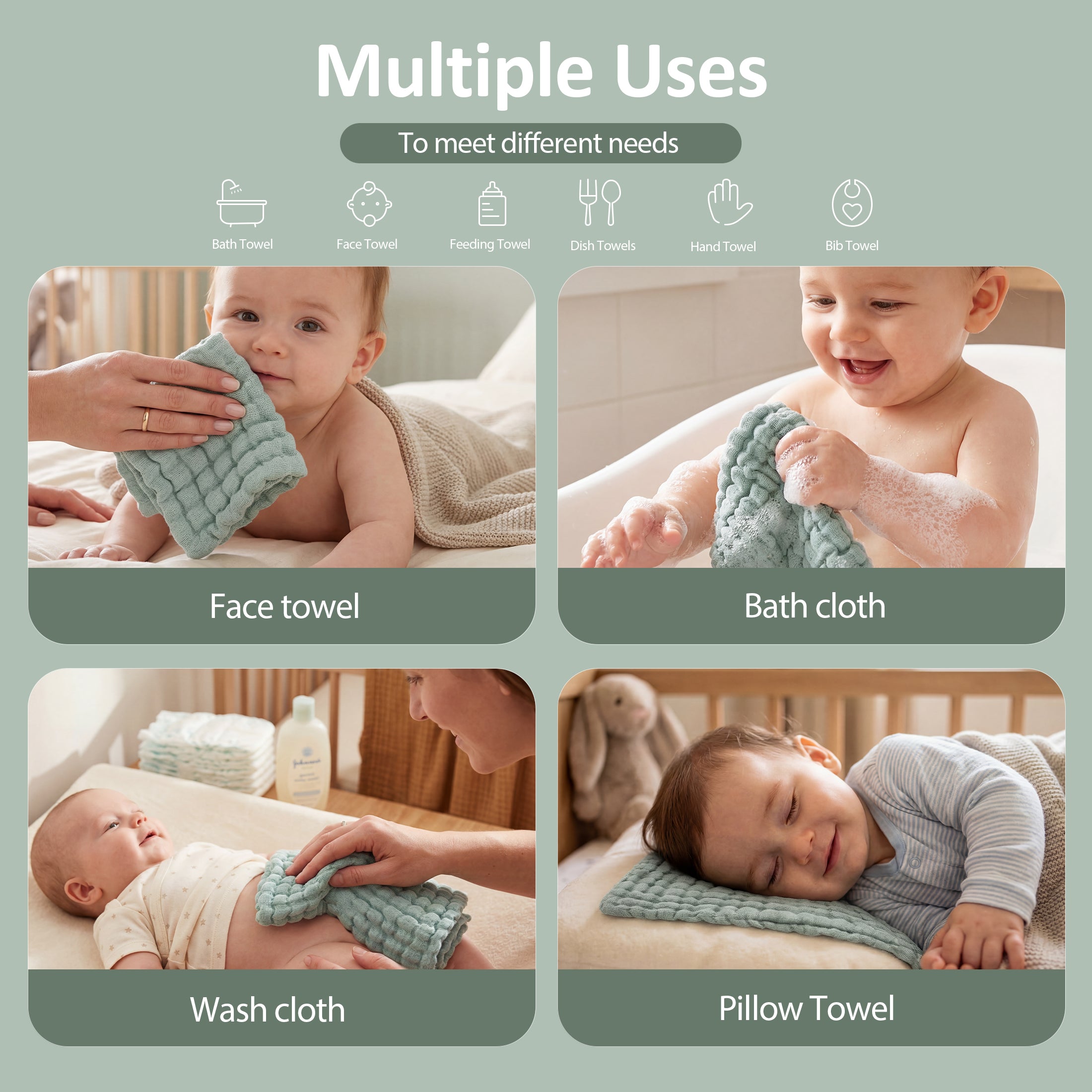 YOOFOSS Muslin Burp Cloths 100% Organic Cotton Baby Face towels 12 Pack Baby Washcloths for Showering 12"x12" Soft and Absorbent Baby Towels (Copy) (Copy)