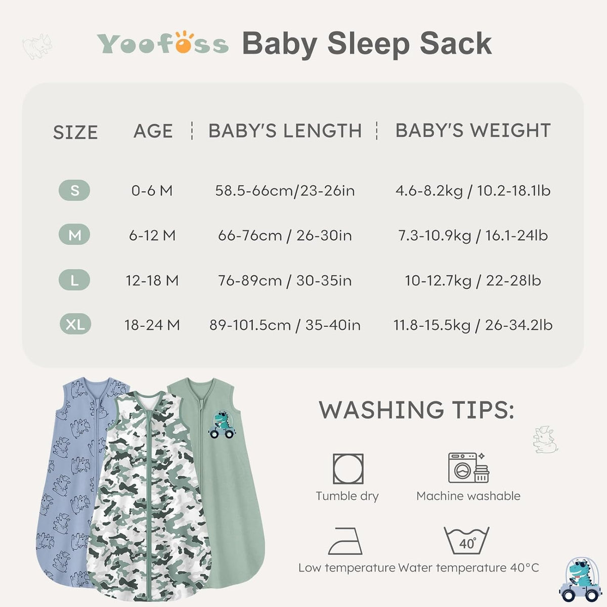 Cotton Baby Sleep Sacks, 0.5 TOG, Sleeveless, 3-Pack