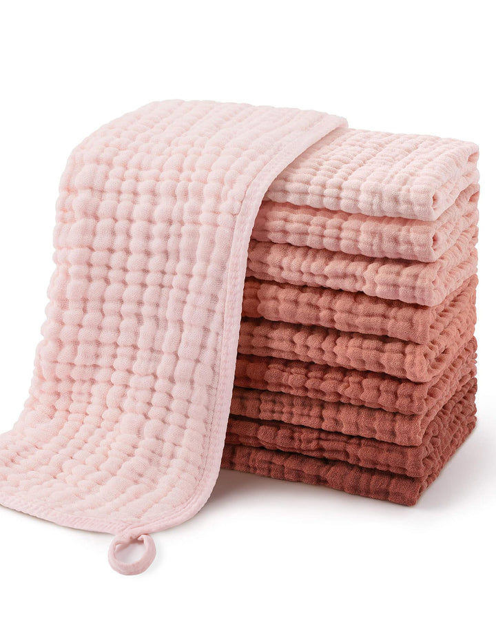 Yoofoss Muslin Burp Cloths for Baby 10 Pack 100% Cotton Large 20''X10'' Gradient Pink