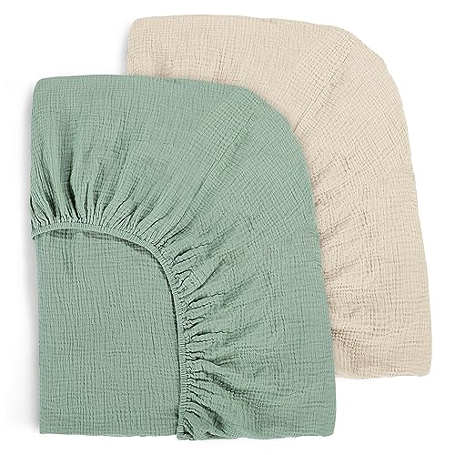 Muslin Fitted Crib Sheets Apricot & Green, 2 Pack