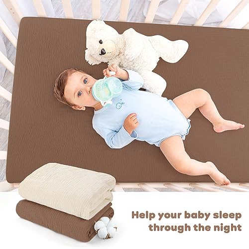 Muslin Fitted Crib Sheets Apricot & Brown, 2 Pack