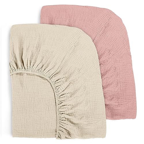 Muslin Fitted Crib Sheets Apricot & Pink, 2 Pack