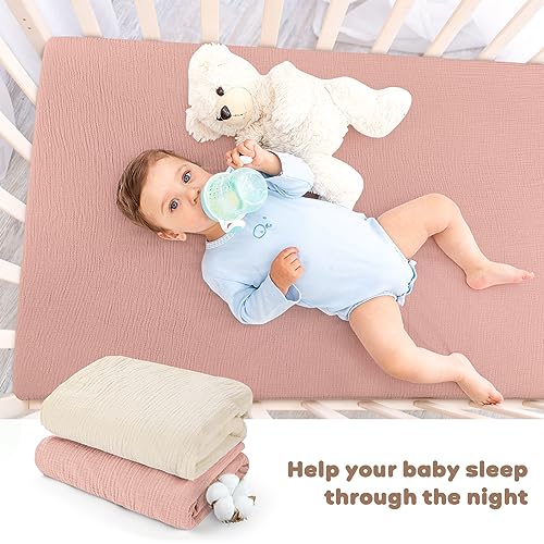 Muslin Fitted Crib Sheets Apricot & Pink, 2 Pack