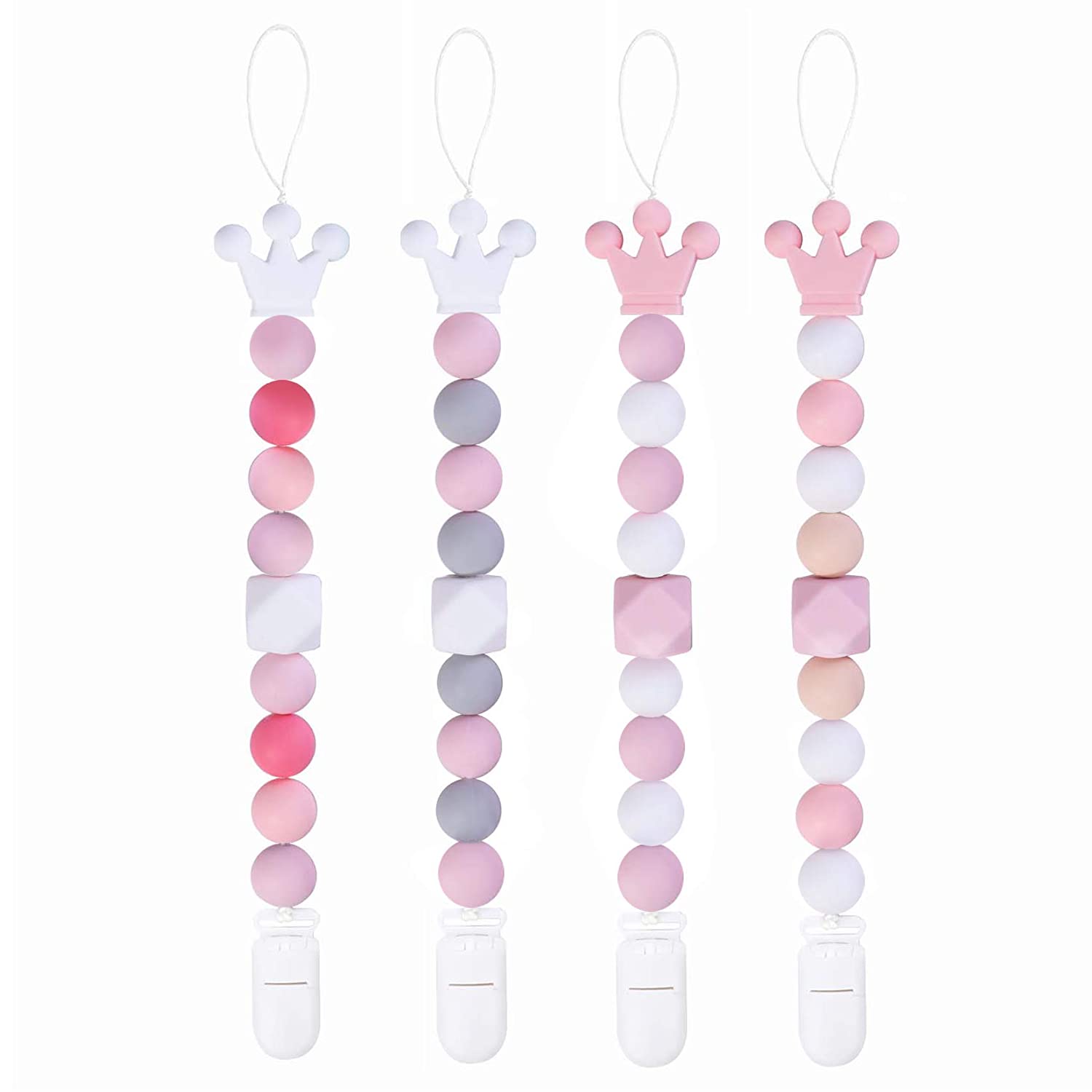 Yoofoss Pacifier Clip Silicone 4 Pack for Baby Girls BPA Free Teething Beads Fits Most Pacifier Styles &Teething Toys