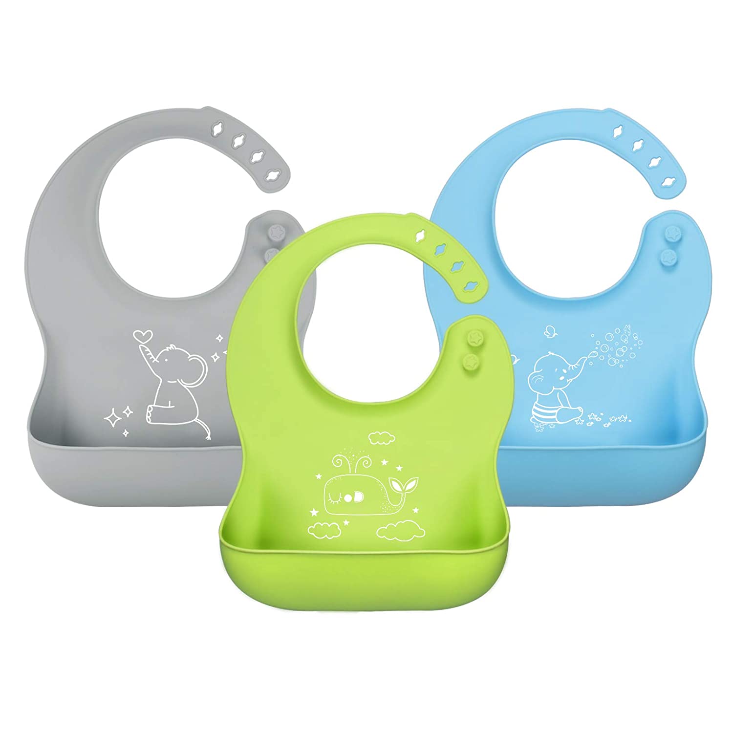 YOOFOSS Silicone Baby Bibs for Babies & Toddlers, 3 Pcs Baby Feeding Bibs Waterproof Baby Bibs for Boys & Girls, BPA Free, Easy Clean, Grey/Green/Blue