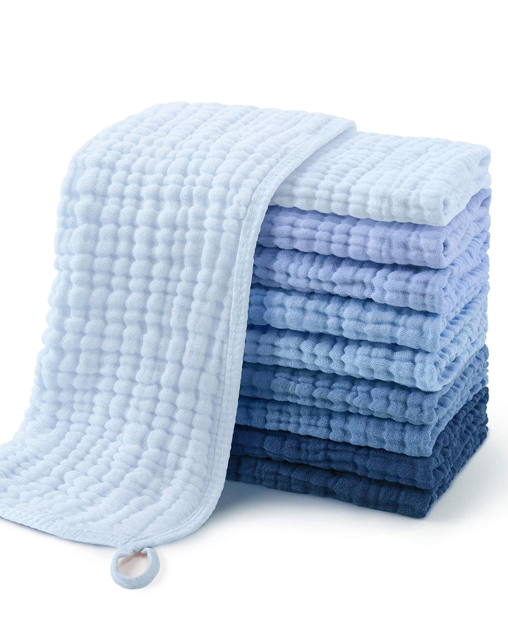 Yoofoss Muslin Burp Cloths for Baby 10 Pack 100% Cotton Large 20''X10'' Super Soft and Absorbent Blue