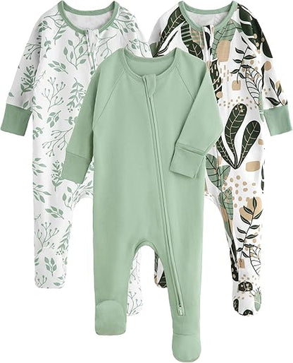 Baby Pajamas Green, 3 Pack, 0-3 Months