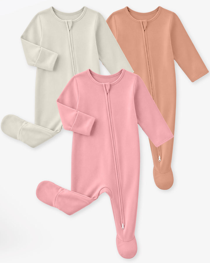 Bamboo Footed Baby Pajamas, Long Sleeve, 3 Pack-Pink&Brown&Beige
