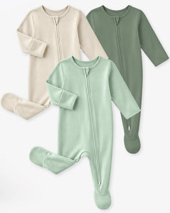 Bamboo Footed Baby Pajamas, Long Sleeve, 3 Pack-Sage&Green&Beige
