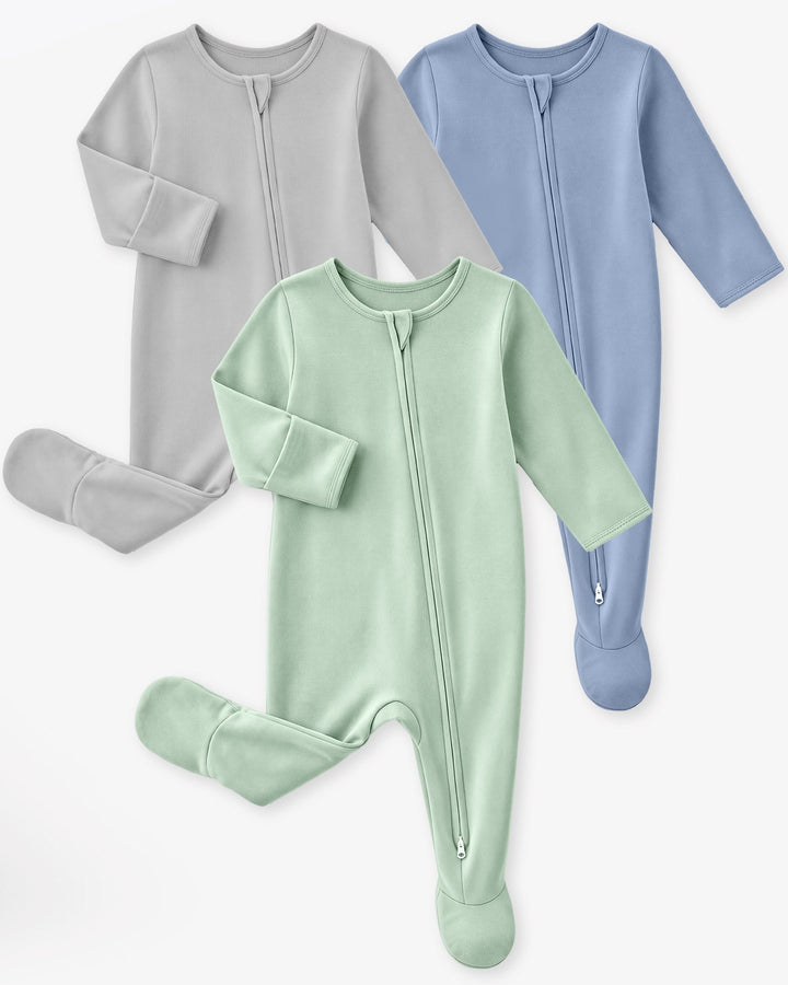 Bamboo Footed Baby Pajamas, Long Sleeve, 3 Pack-Green&Grey&Blue