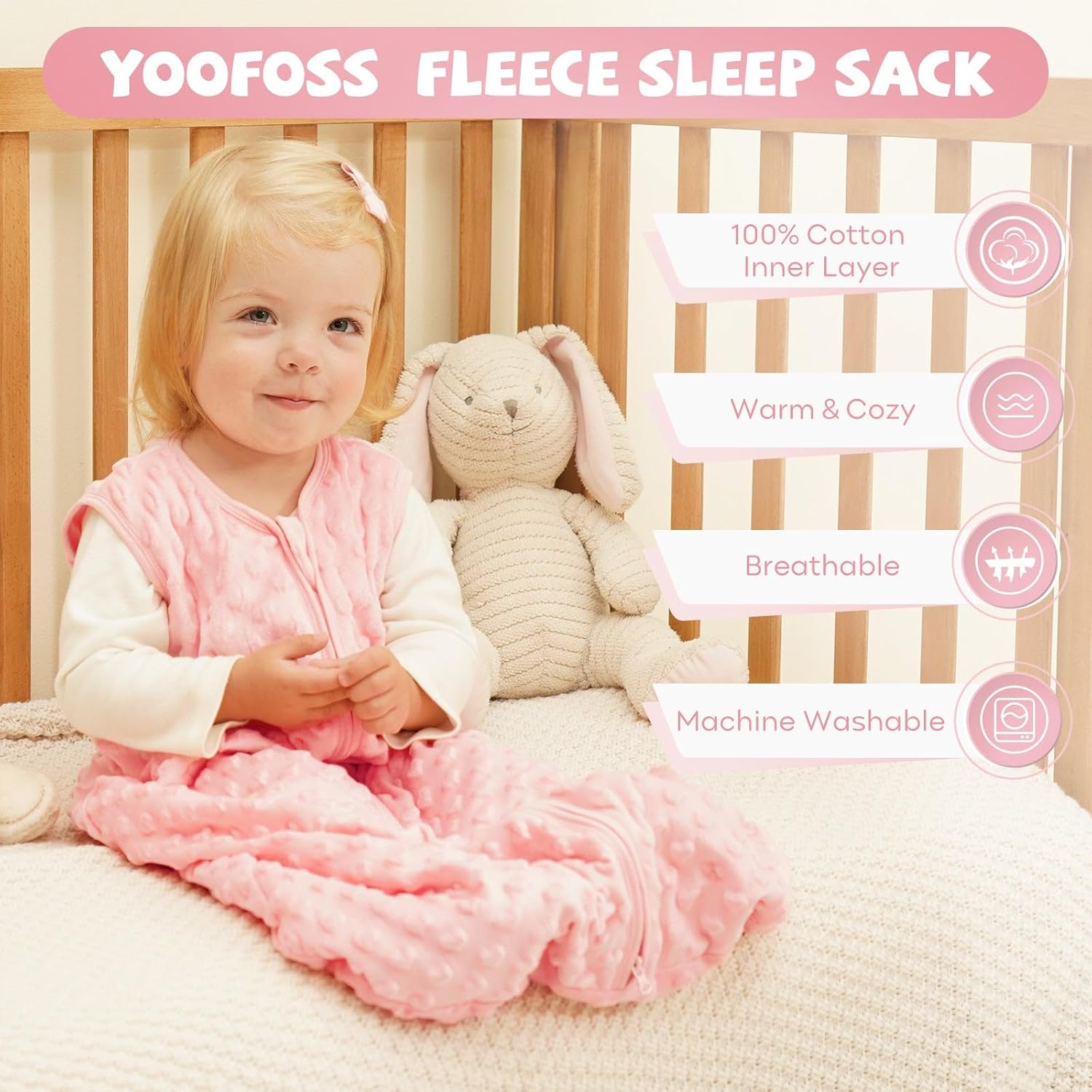 Fleece Sleep Sack with Plush Dots in TOG 1.5, Pink Gray