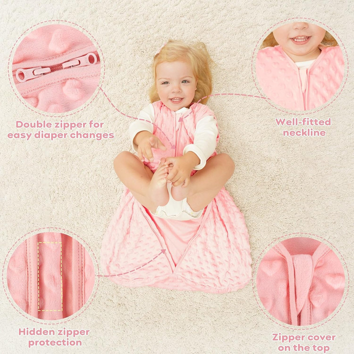 Fleece Sleep Sack with Plush Dots in TOG 1.5, Pink Gray
