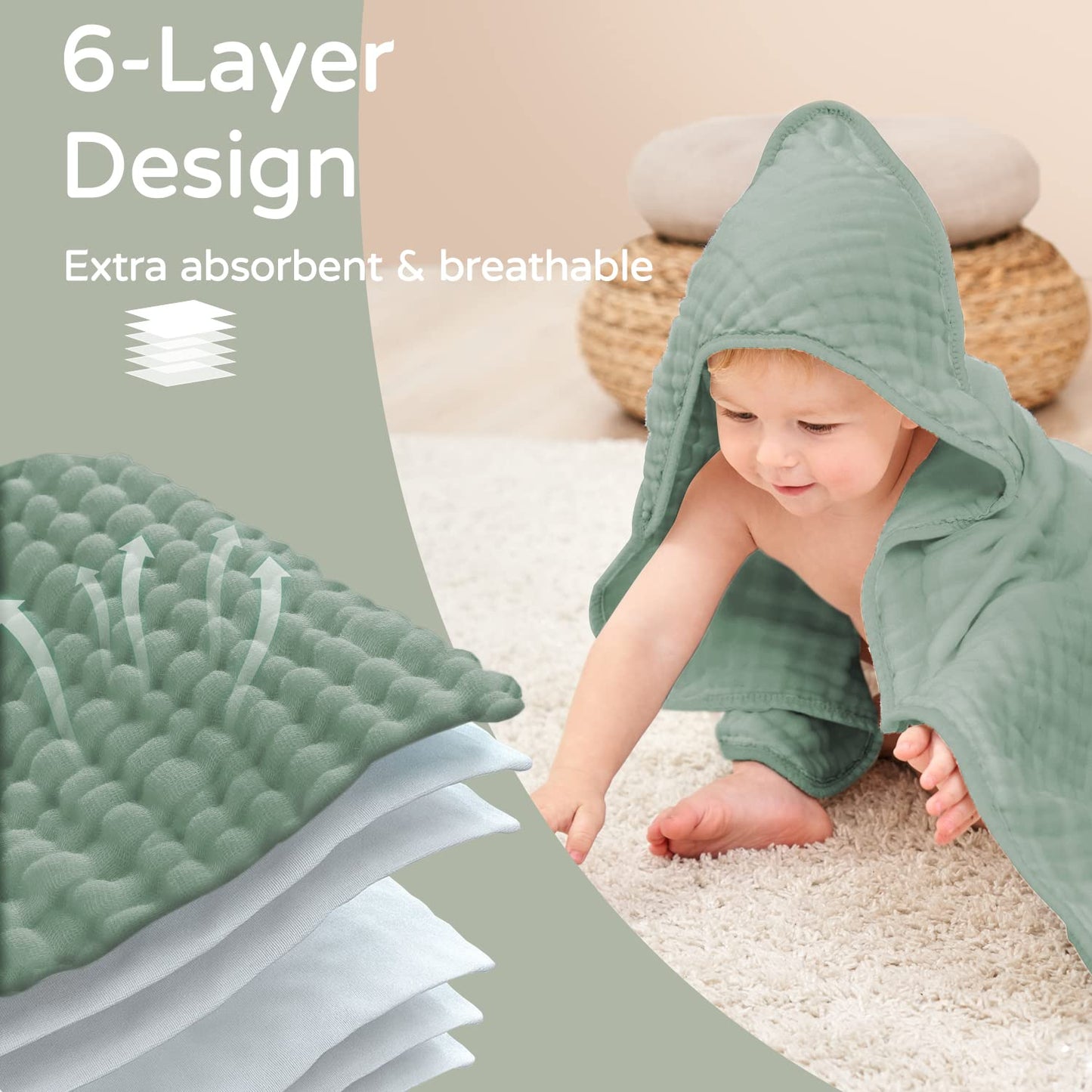 Large Hooded Baby Towels Green