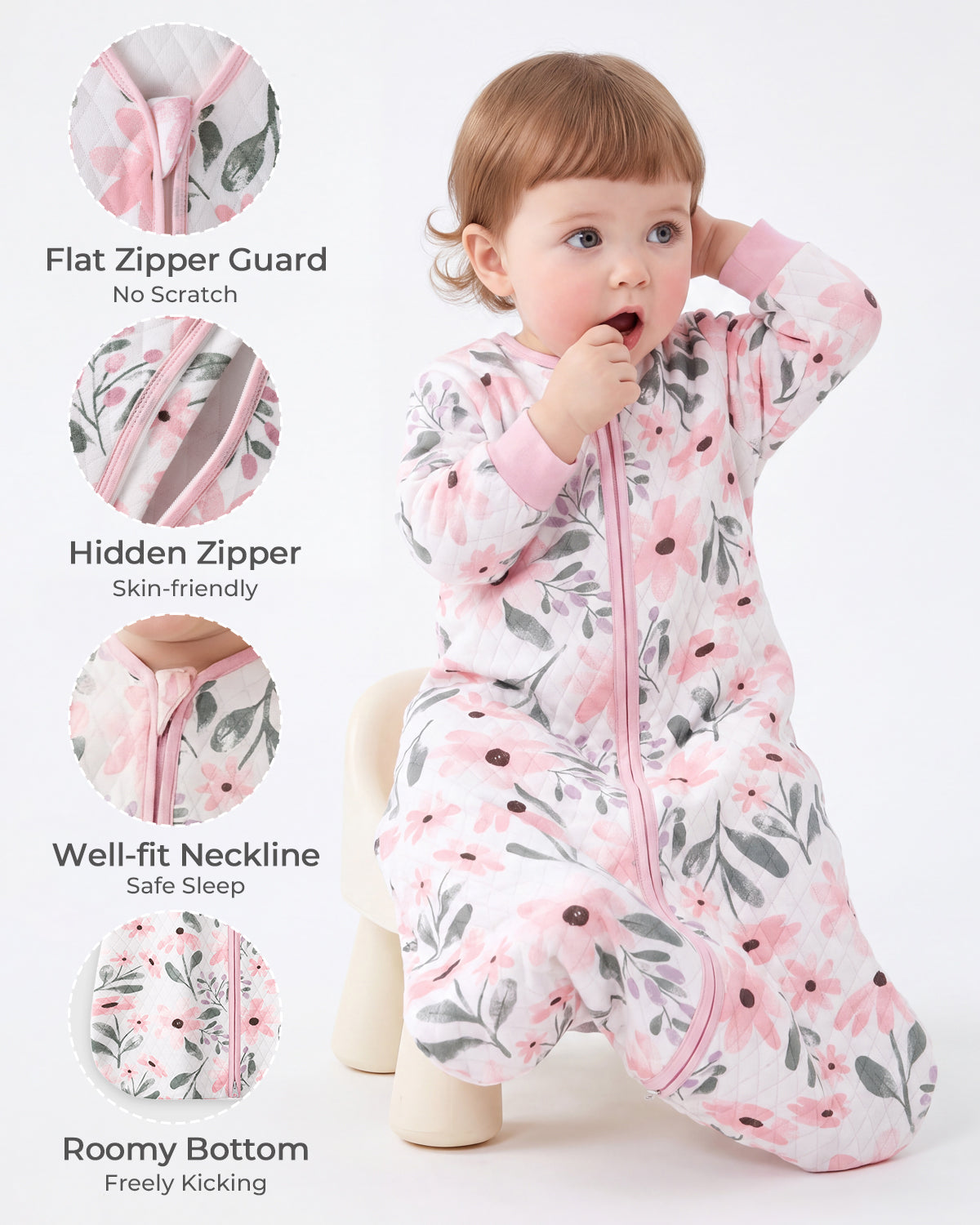 Air-Layer Baby Sleep Sack, 1.0 TOG, Long Sleeve, 1 Pack-Pink Flowers