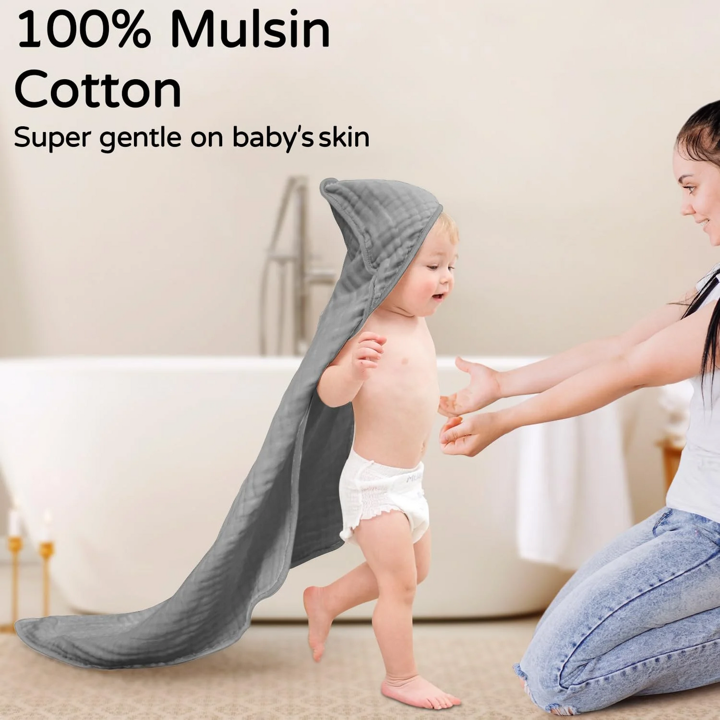 Large Hooded Baby Towels, Beige And Gray