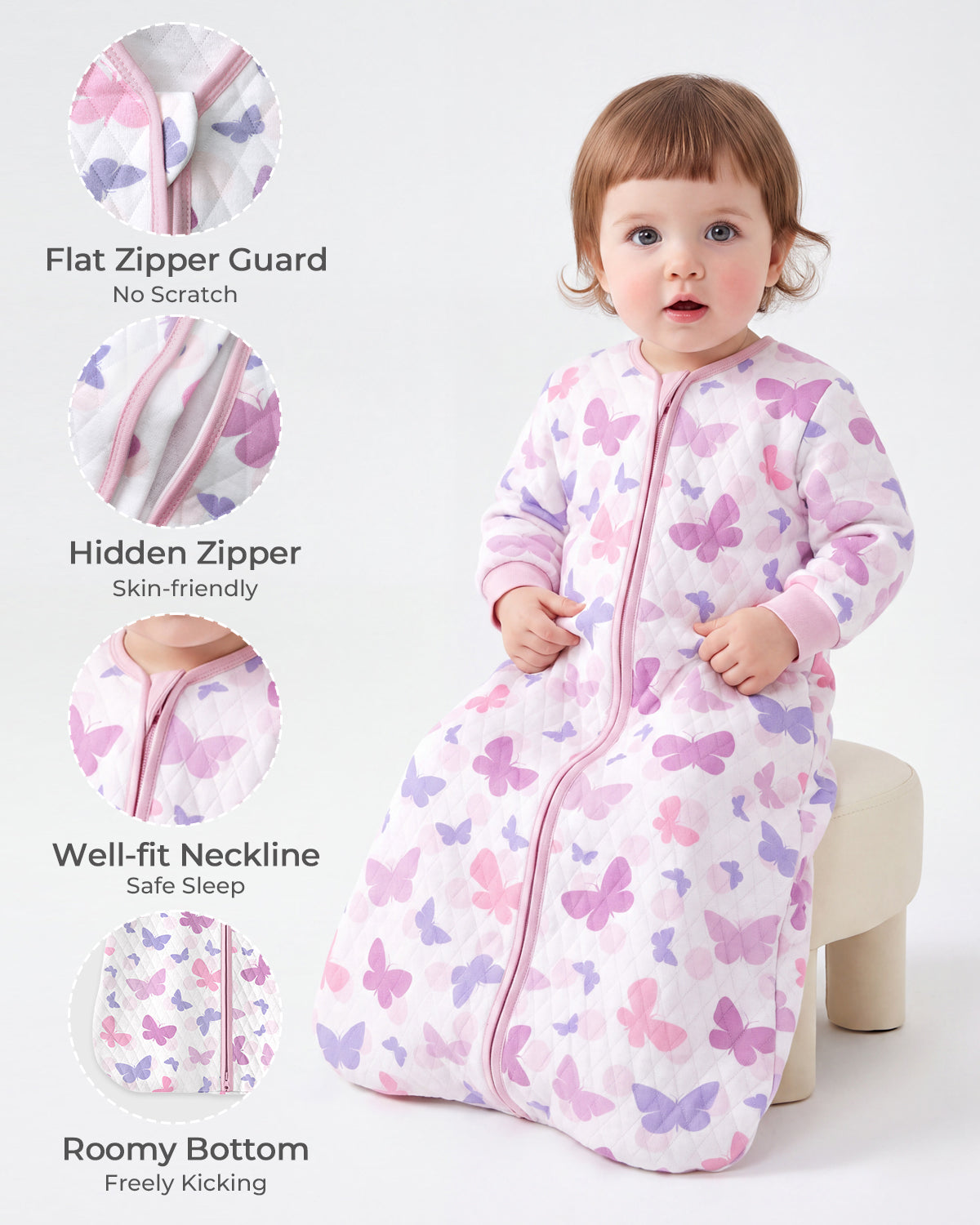 Air-Layer Baby Sleep Sack, 1.0 TOG, Long Sleeve, 1 Pack-Purple Butterflies