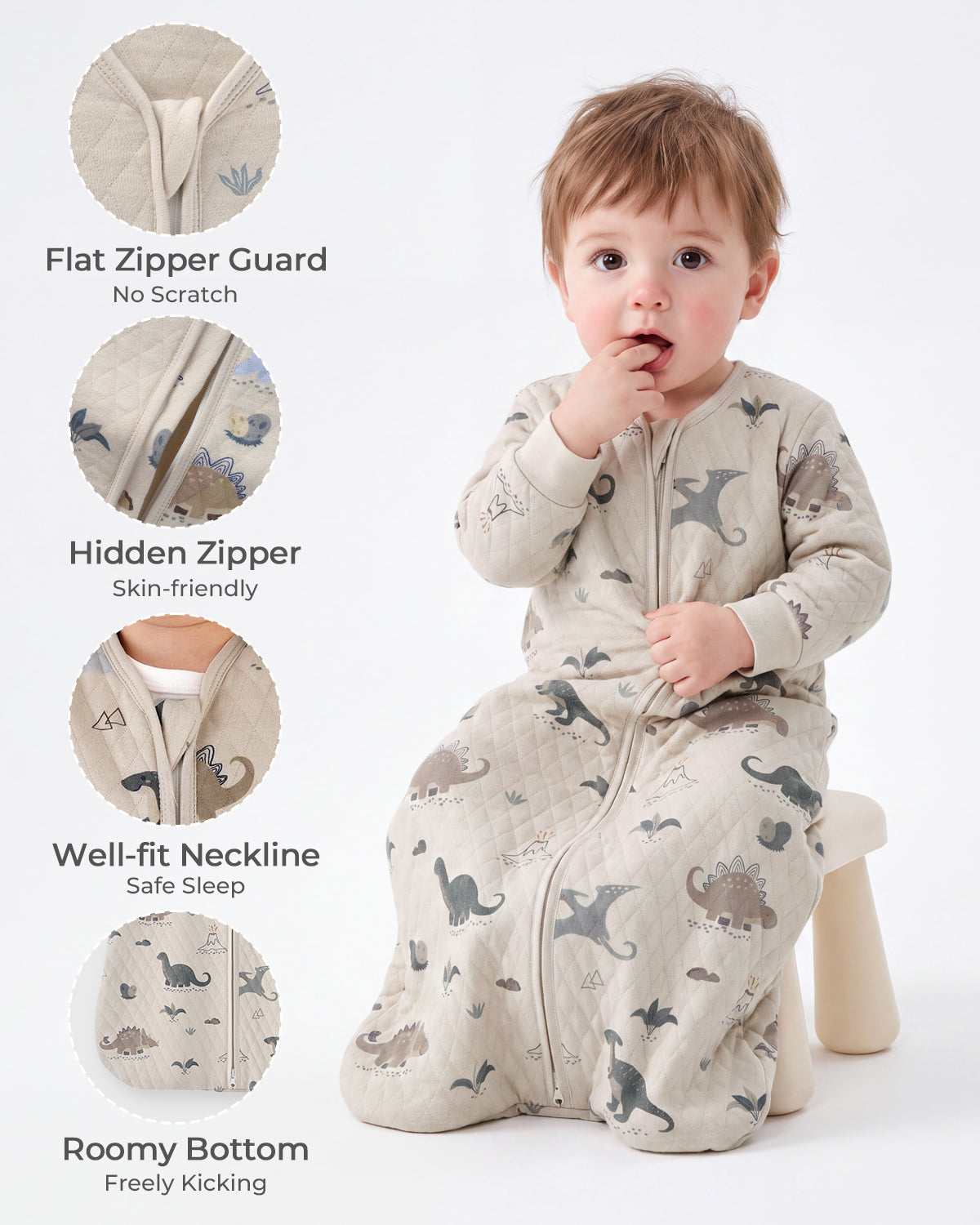 Air-Layer Baby Sleep Sack, 1.0 TOG, Long Sleeve, 1 Pack-Khaki Dinosaur