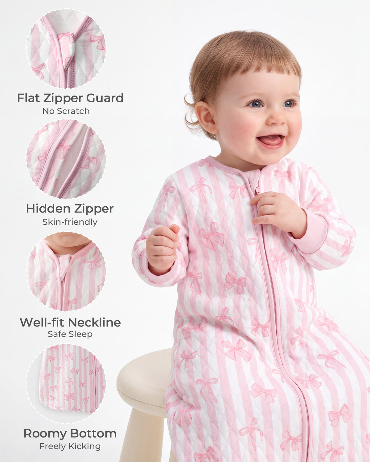Air-Layer Baby Sleep Sack, 1.0 TOG, Long Sleeve, 1 Pack-Pink Bow