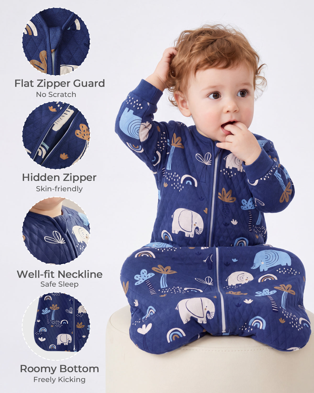 Air-Layer Baby Sleep Sack, 1.0 TOG, Long Sleeve, 1 Pack-Dark Blue Elephant