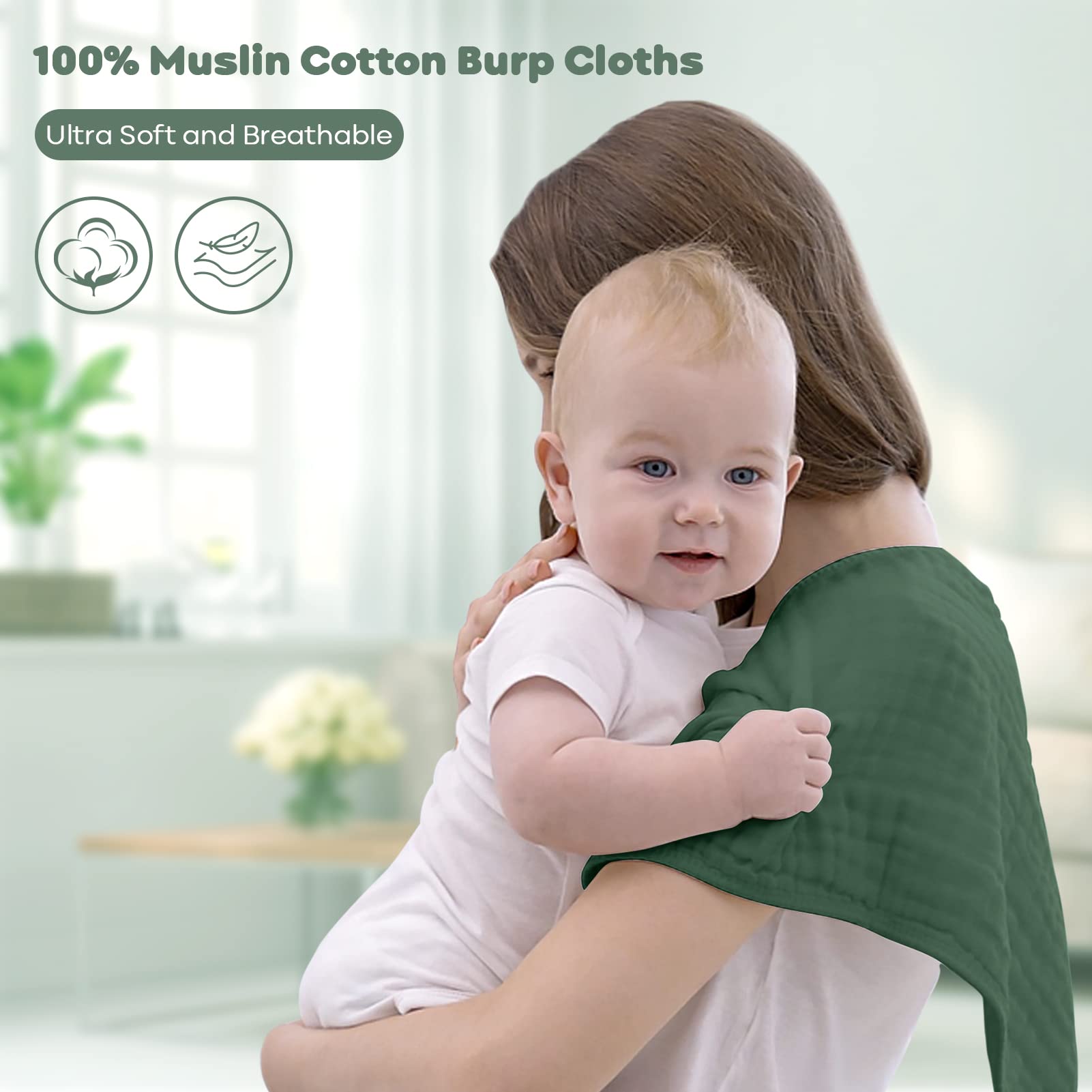 Yoofoss Muslin Burp Cloths for Baby 10 Pack 100% Cotton, Large 20''X10'', Gradient Green
