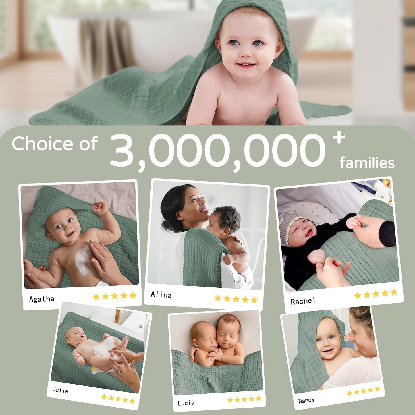 Large Hooded Baby Towels, Green And Gray