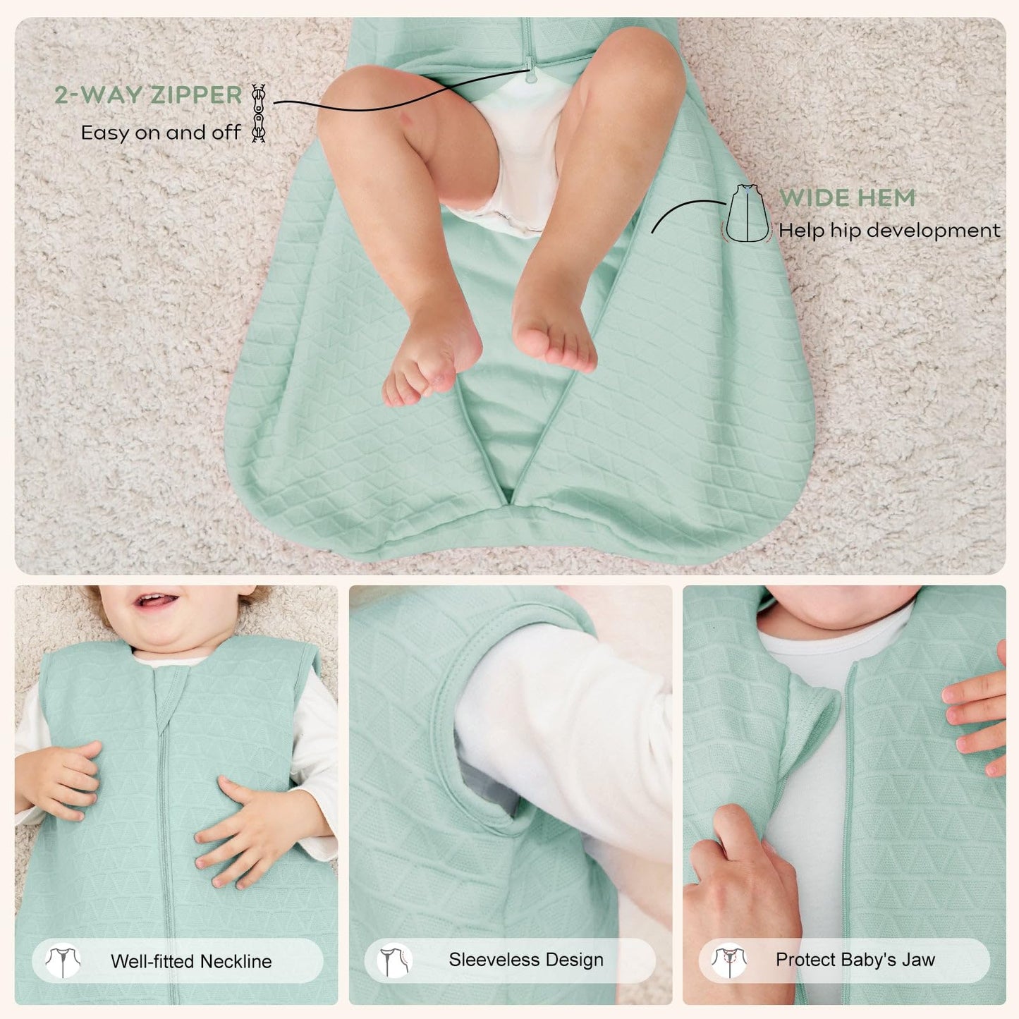 Yoofoss Baby Sleep Sack, Winter 2.0 TOG with 2-Way Zipper, 100% Cotton Fabric (2.0 Tog-green)