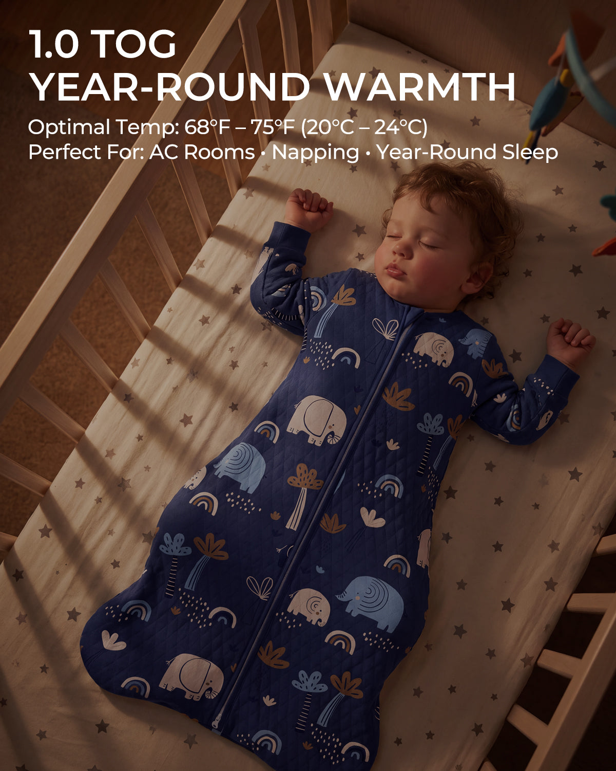 Air-Layer Baby Sleep Sack, 1.0 TOG, Long Sleeve, 1 Pack-Dark Blue Elephant