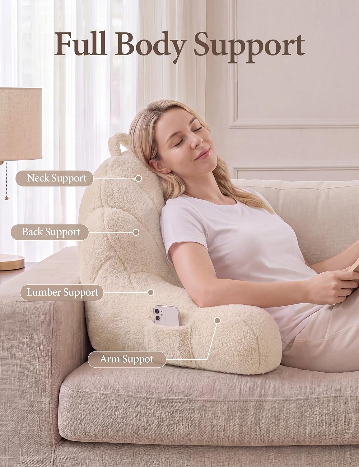 Yoofoss Reading Pillow for Bed Sitting up. Backrest Pillows with Plush Fill for Adult & Children. Back Support Pillow for Bed and Couch Sit up. Pillows for Reading with Arms. Pockets. Washable Cover