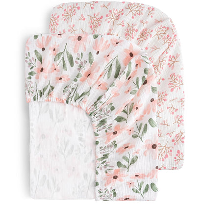 Muslin Fitted Crib Sheets Green & Leaf, 2 Pack