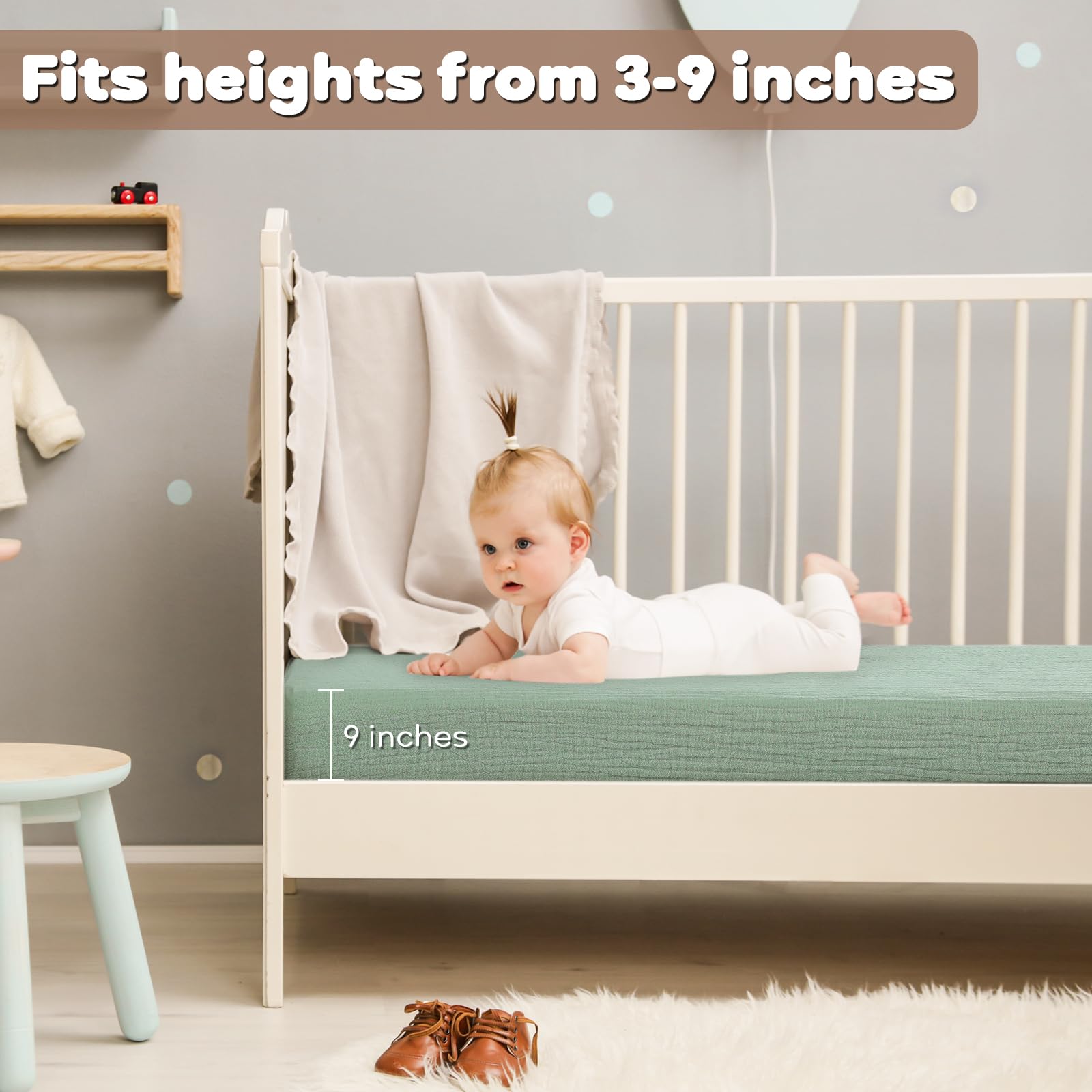 Muslin Fitted Crib Sheets Green & Leaf, 2 Pack