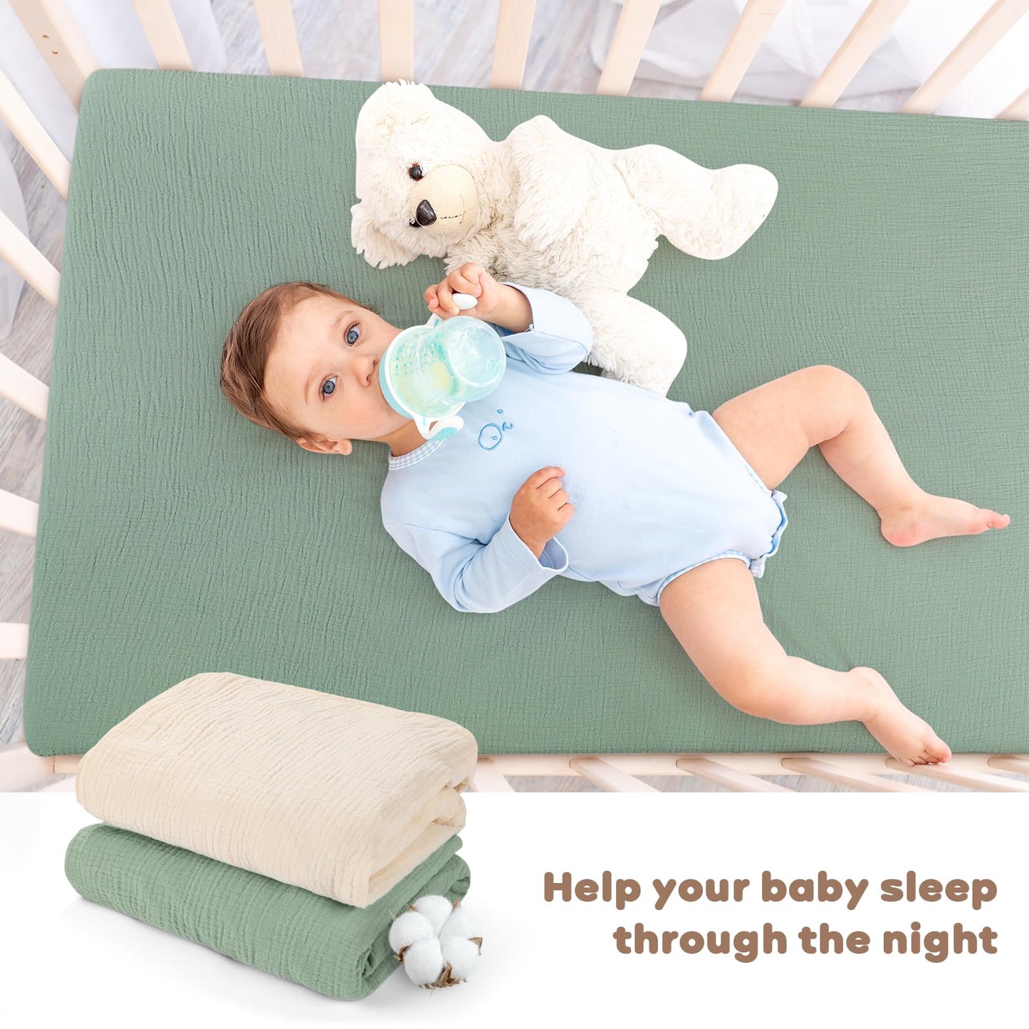 Muslin Fitted Crib Sheets Green & Leaf, 2 Pack