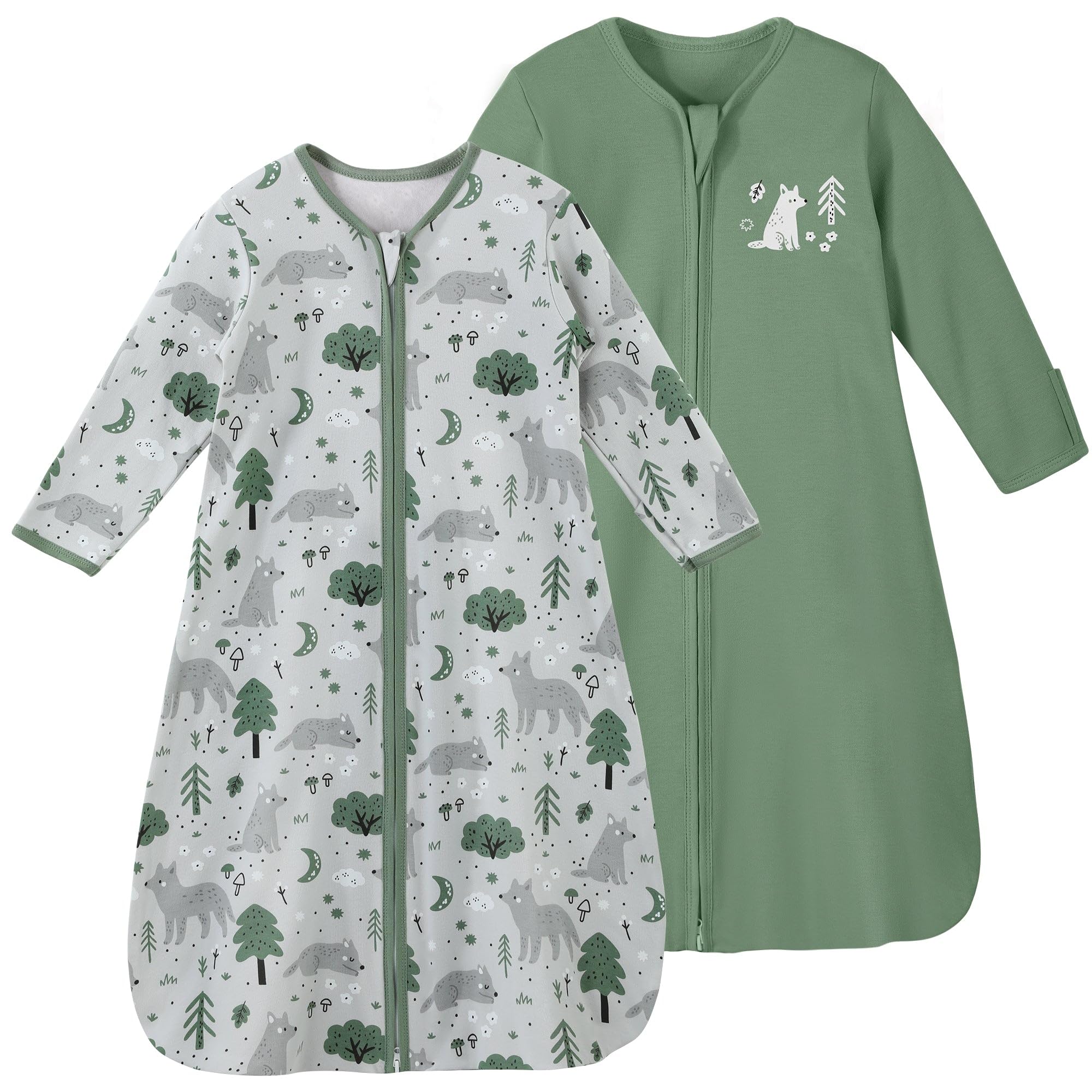 Yoofoss Baby Sleep Sack Long Sleeve Wearable Blanket Baby 100% Cotton 2-Way Zipper Tog Infants Sleeping Sack, Lightweight Green and Fox Small
