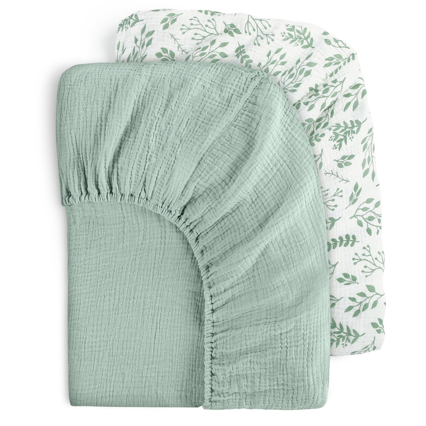 Muslin Fitted Crib Sheets Green & Leaf, 2 Pack