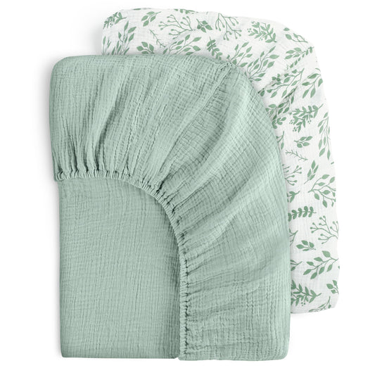 Muslin Fitted Crib Sheets Green & Leaf, 2 Pack
