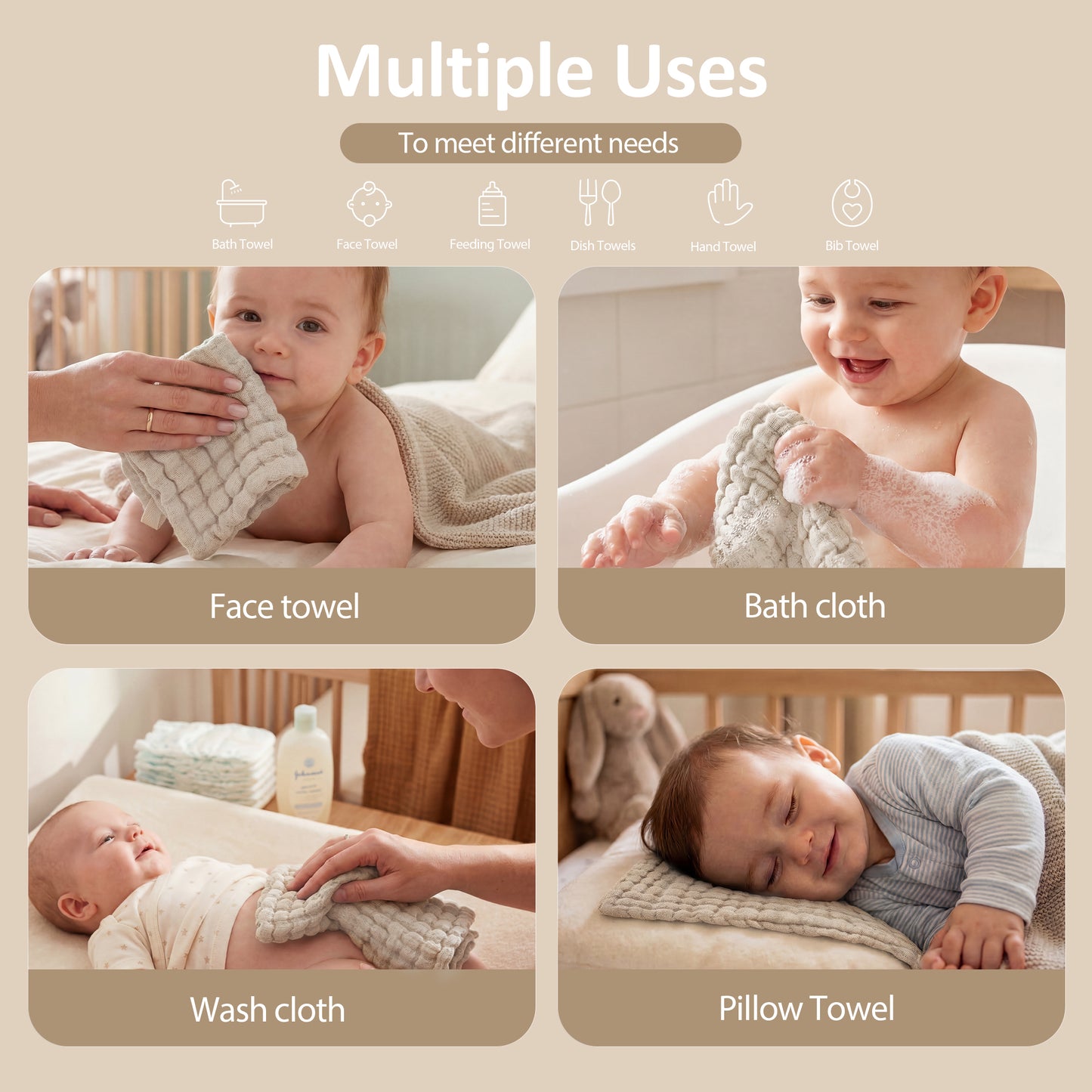 YOOFOSS Muslin Burp Cloths 100% Organic Cotton Baby Face towels 12 Pack Baby Washcloths for Showering 12"x12" Soft and Absorbent Baby Towels (Copy)