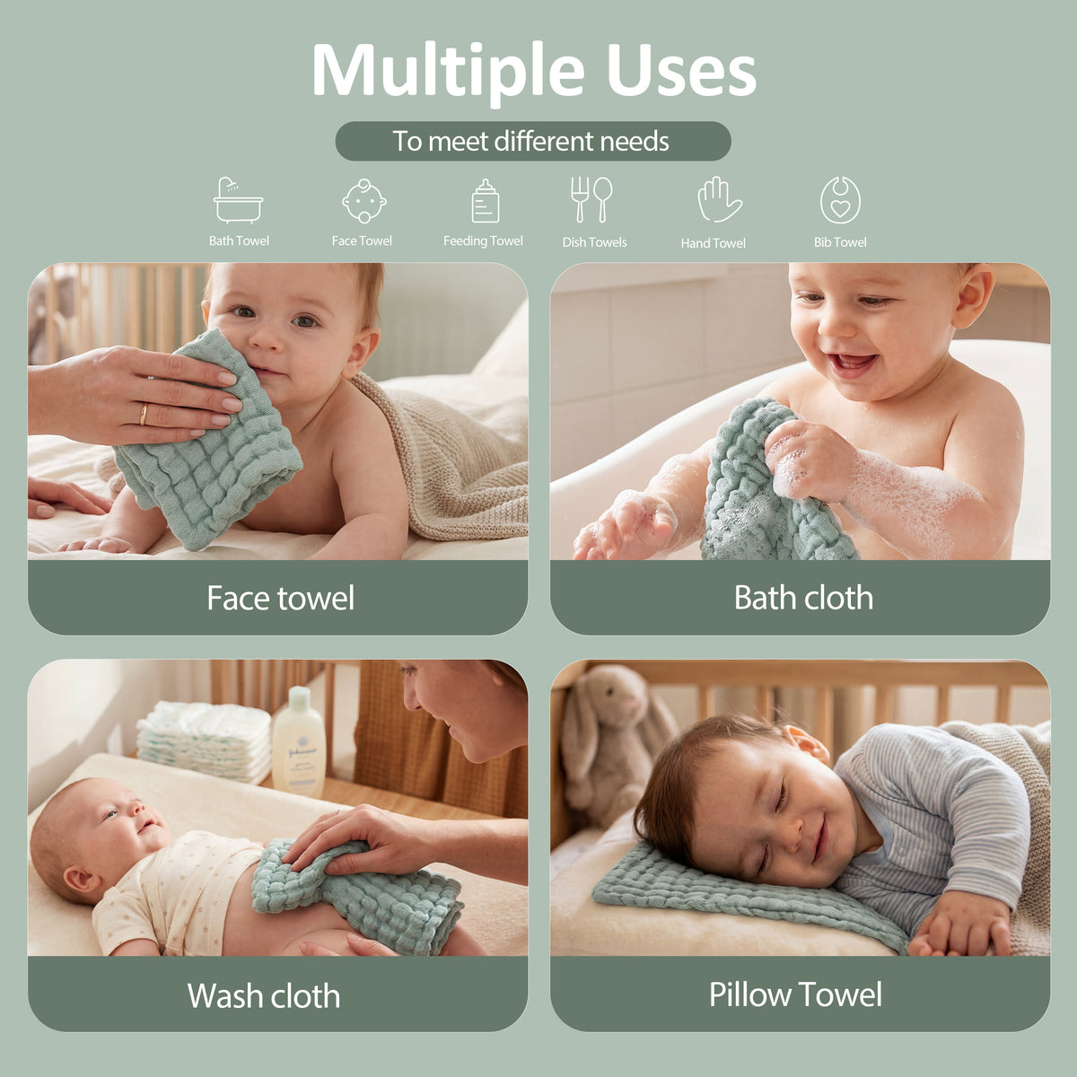 YOOFOSS Muslin Burp Cloths 100% Organic Cotton Baby Face towels 12 Pack Baby Washcloths for Showering 12"x12" Soft and Absorbent Baby Towels (Copy) (Copy)