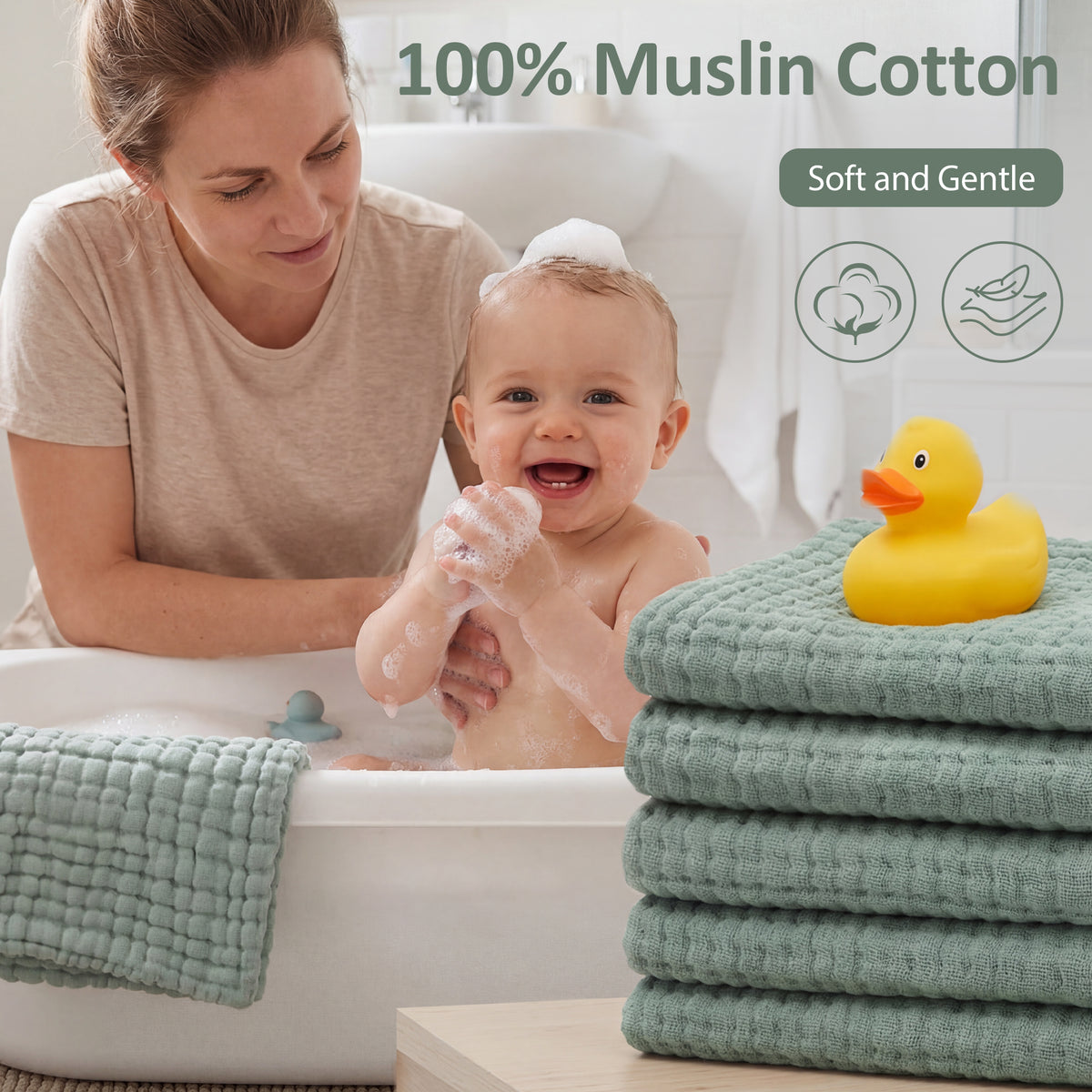 YOOFOSS Muslin Burp Cloths 100% Organic Cotton Baby Face towels 12 Pack Baby Washcloths for Showering 12"x12" Soft and Absorbent Baby Towels (Copy) (Copy)
