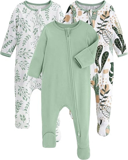 Baby Pajamas Green, 3 Pack, 0-3 Months