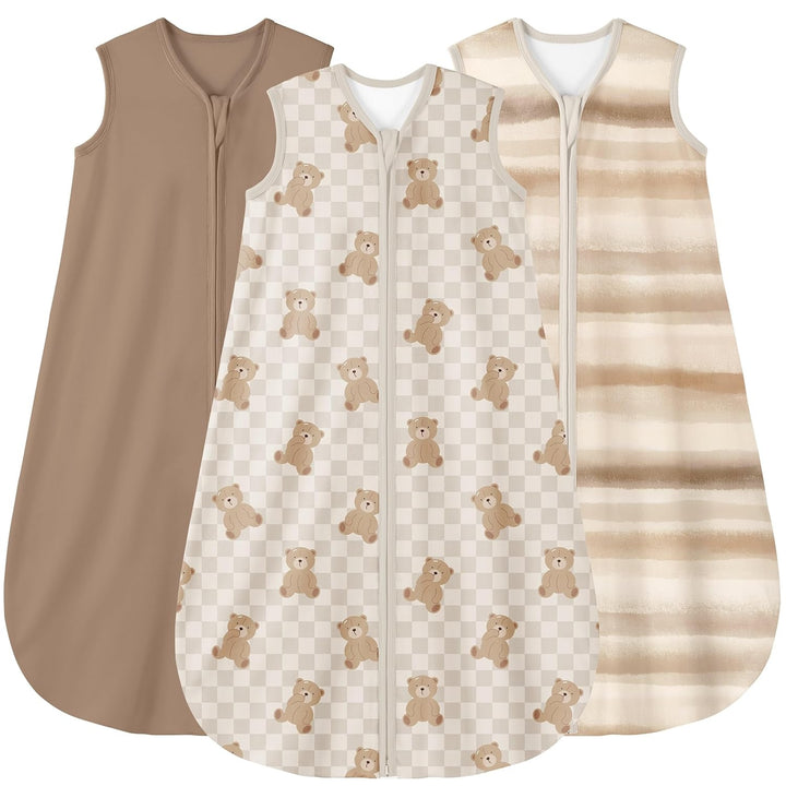 0.5 TOG Lightweight 100% Cotton Sleep Sacks,3 Pack-Brown Striped & Teddy Bear