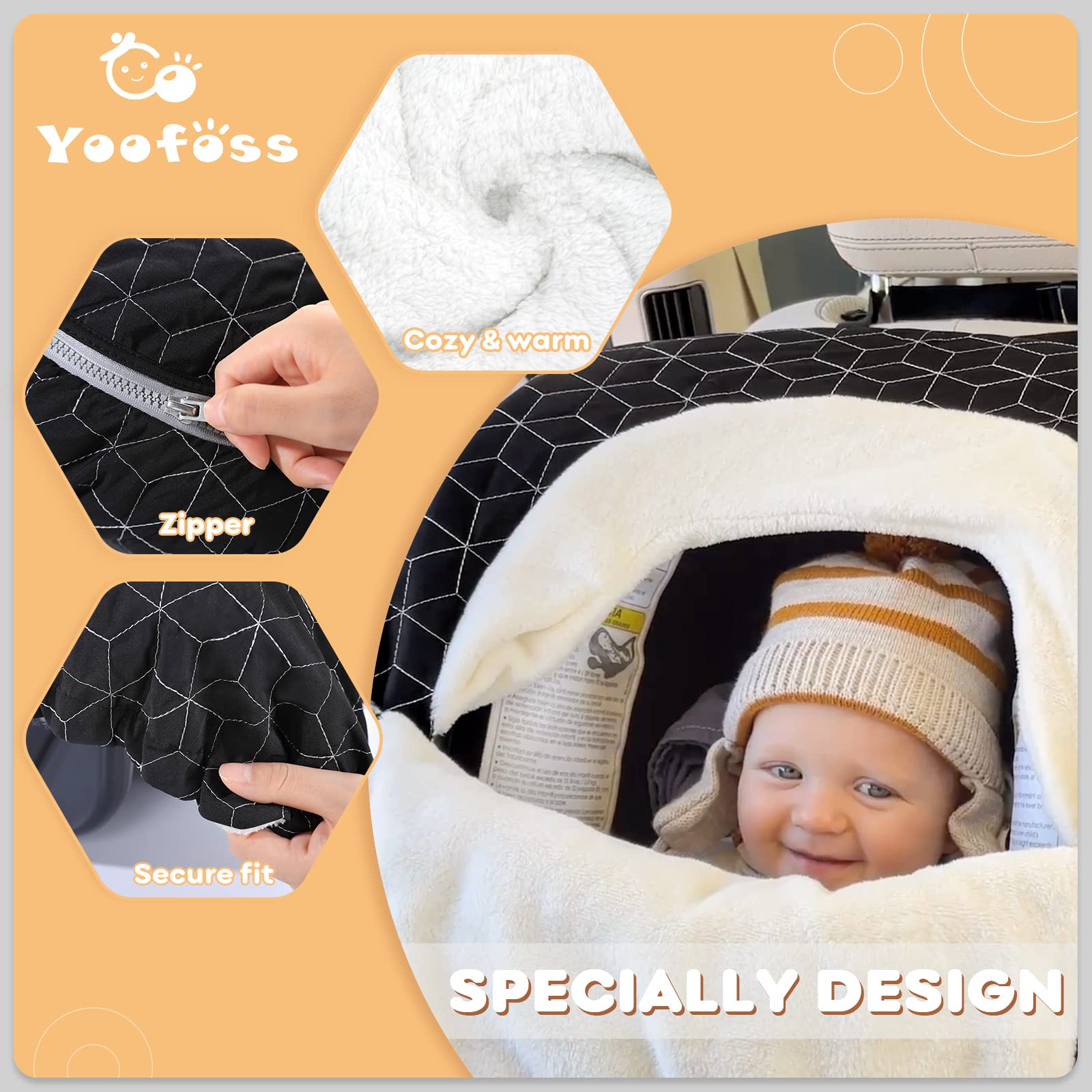 Yoofoss Baby Car Seat Cover Winter Carseat Canopies Cover to Protect Baby from Cold Wind, Super Warm Plush Fleece Baby Carrier Cover for Infant Boys Girls (Black)