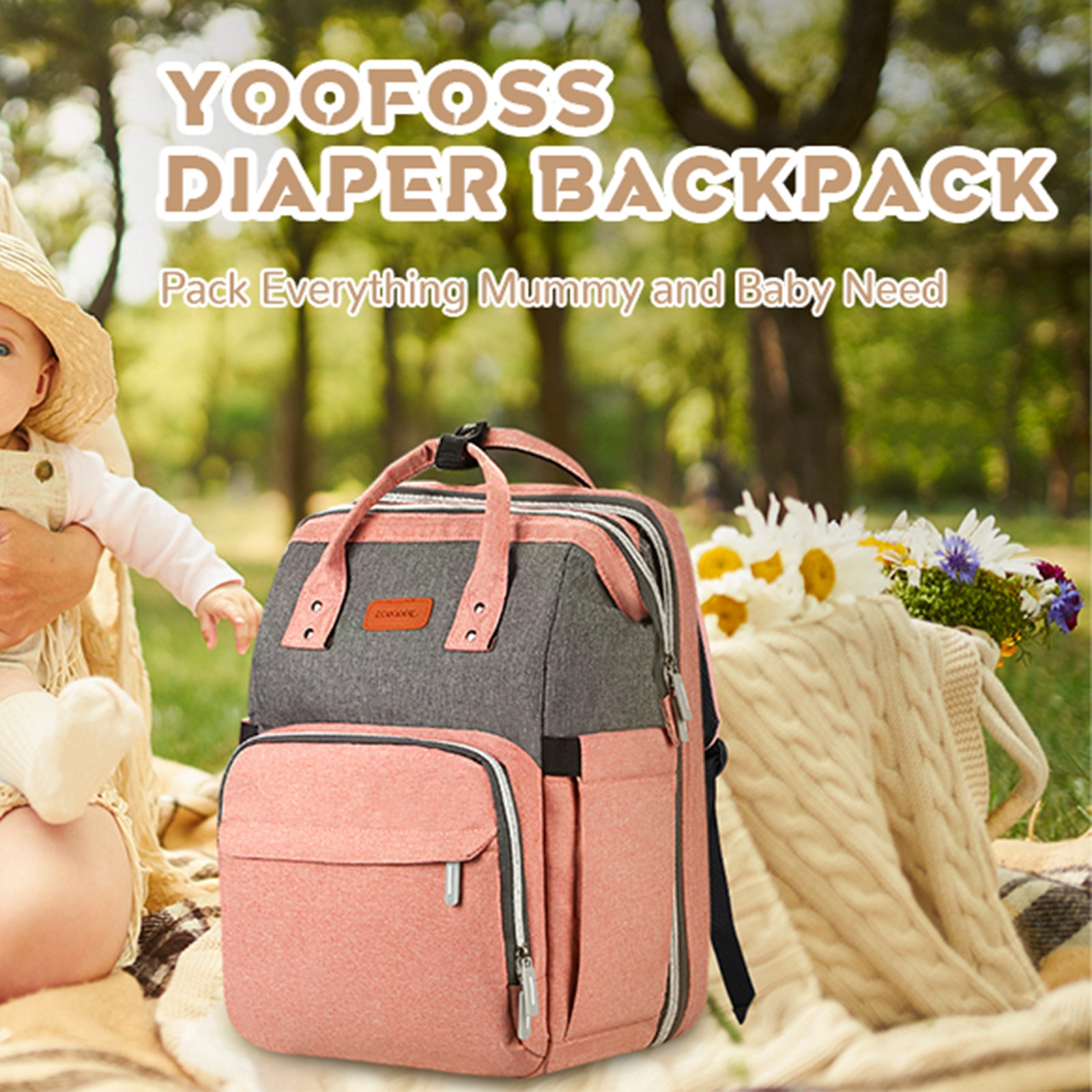 YOOFOSS Diaper Bag Backpack, Baby Nappy Changing Bags Multifunction Travel Back Pack with Changing Pad & Stroller Straps, Waterproof and Stylish
