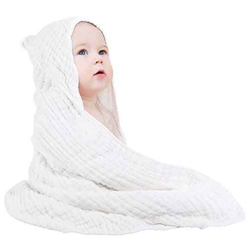 Yoofoss Hooded Baby Towels for Newborn 100% Muslin Cotton Baby Bath Towel with Hood for Babies, Infant, Toddler and Kids, Large 32x32Inch, Soft and Absorbent Newborn Essential