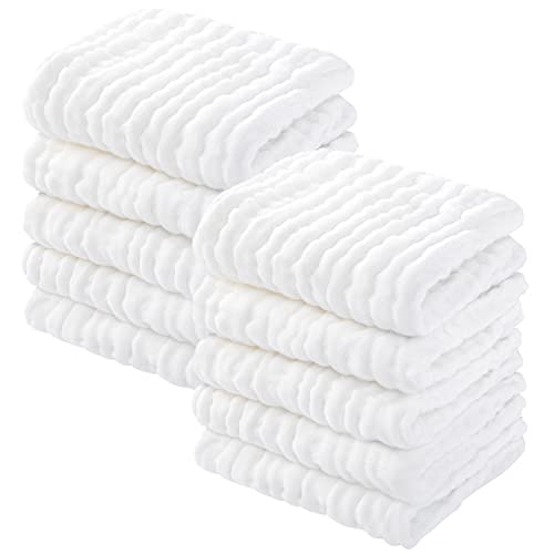 Yoofoss Muslin Baby Washcloths 100% Cotton Face Towels 10 Pack Wash Cloths for Baby 12x12in Soft and Absorbent Baby Wipes (White)